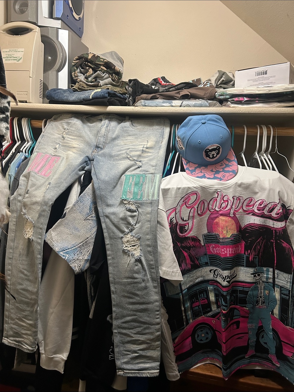 Godspeed Graphic Tee & Distressed Light Wash Jeans Set and 7 1/4 fitted